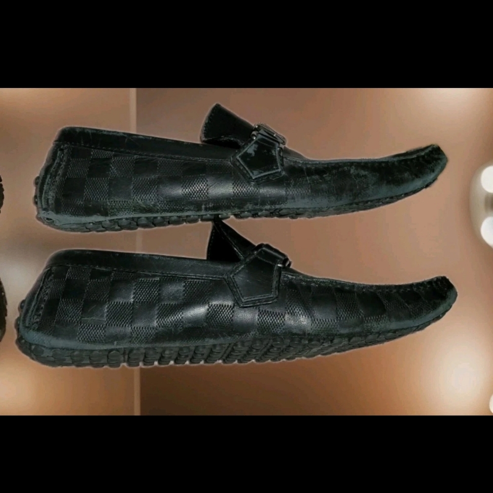 LOUIS VUITTON Black DAMIER HOCKENHEIM LEATHER CHECKERBOARD LOAFER~Sz 7 US Men